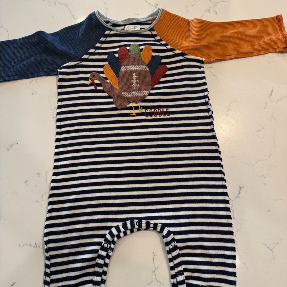 Mud Pie Festive Turkey Bodysuit - Navy, Orange, and White